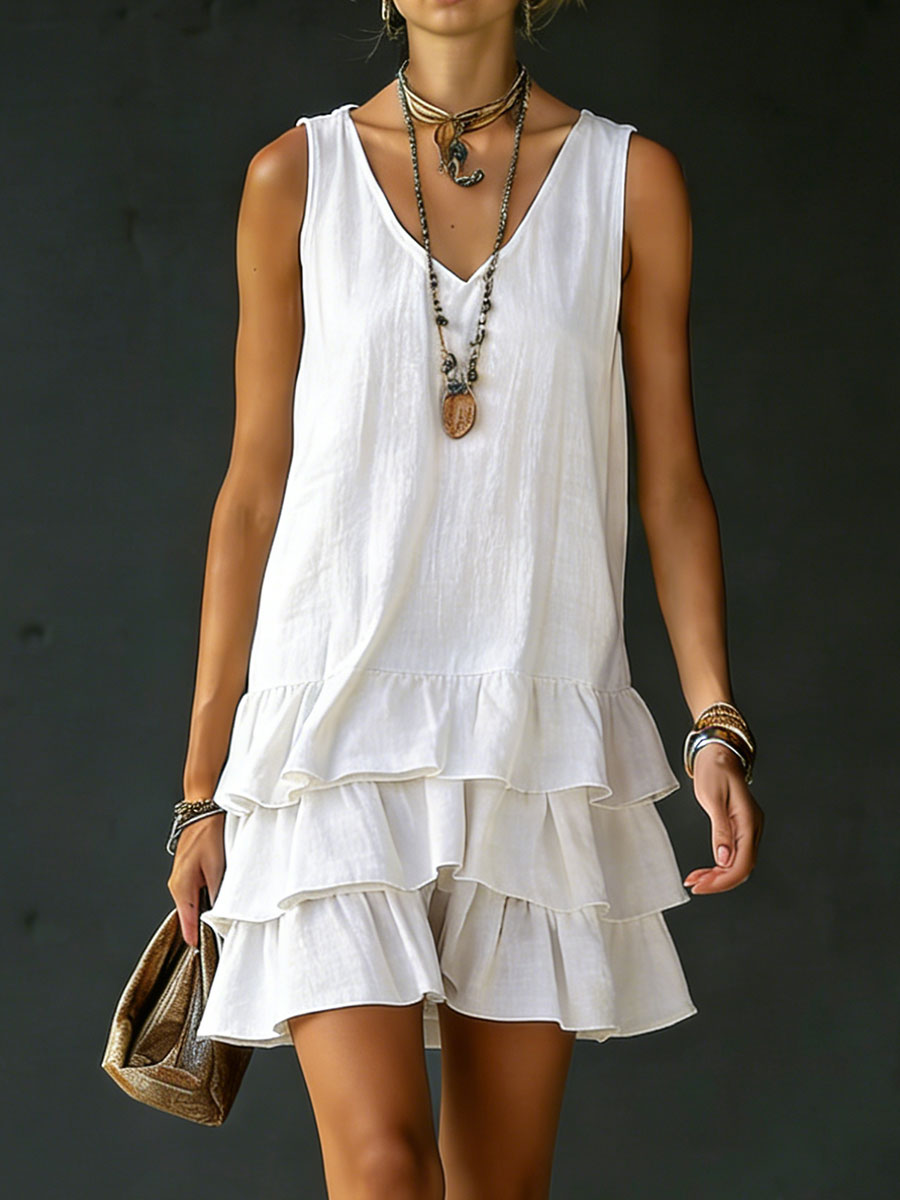 Women's Linen Mini Dress Tiered Ruffle
