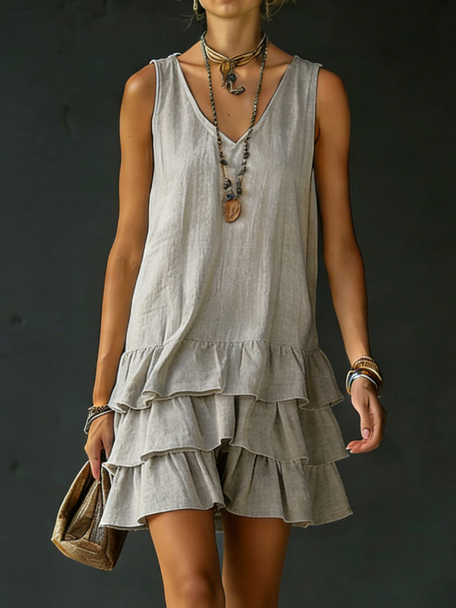 Women's Linen Mini Dress Tiered Ruffle